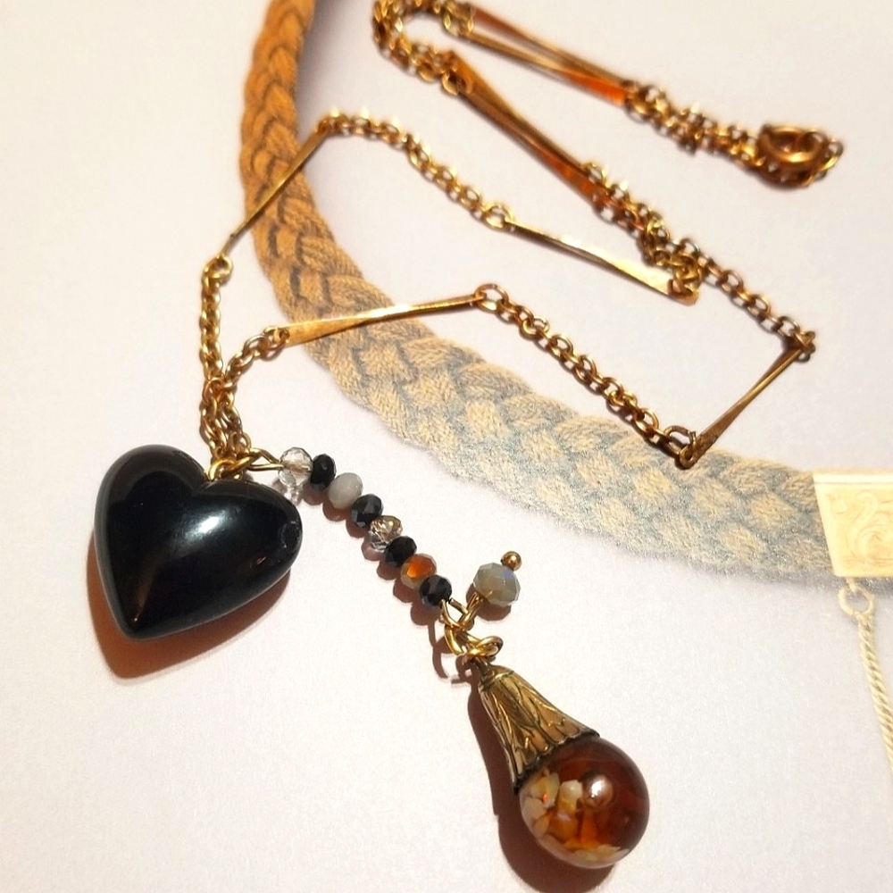 VTG Floating Opal Celluloid Heart GF Necklace
